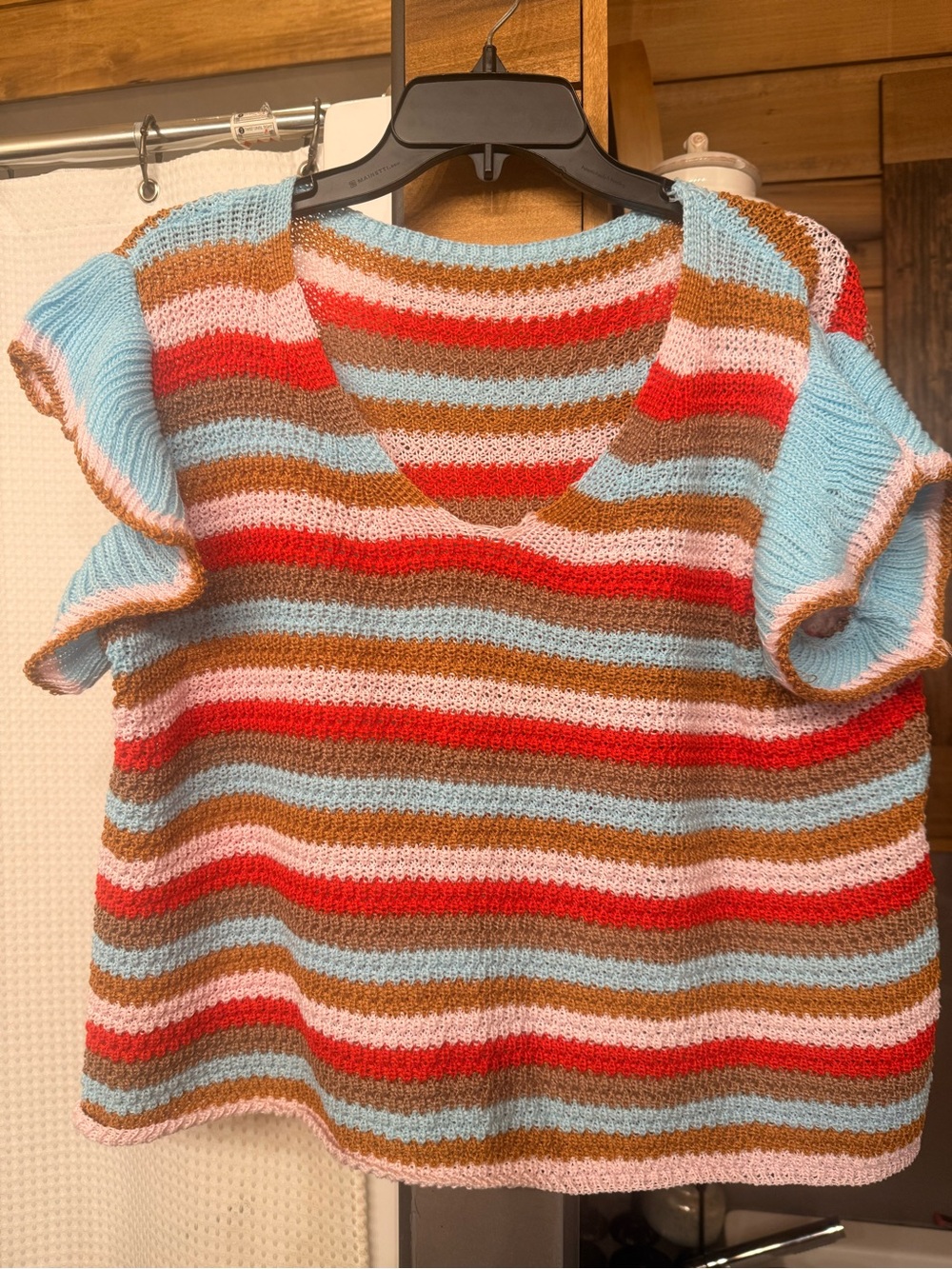 Striped V-Neck Knit Top with Ruffle Sleeves